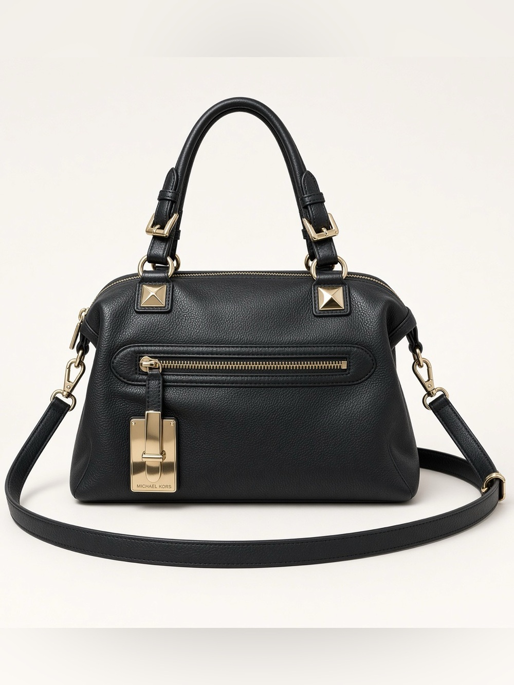 Michael Kors Black Pebbled Leather Satchel with Gold Hardware